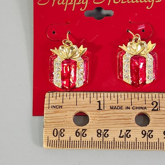 Happy Holidays Christmas Present Box Earrings Rhinestone Wrapped Red Enamel Set - Picture 7 of 8